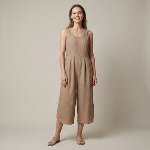 Filosofia Womens Brown 100% Linen Wide Leg Sleeveless Jumpsuit Made in USA Sz M